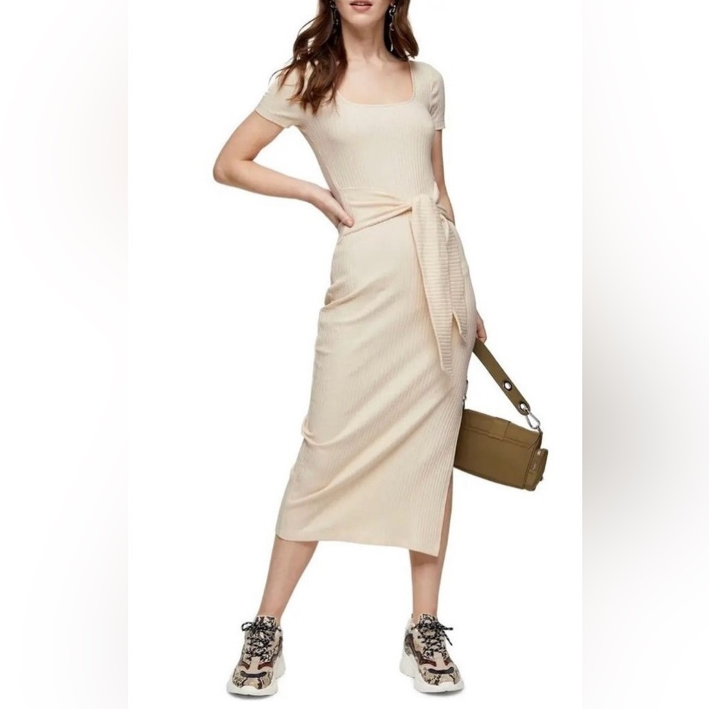 Topshop | Cream Ribbed Midi Dress